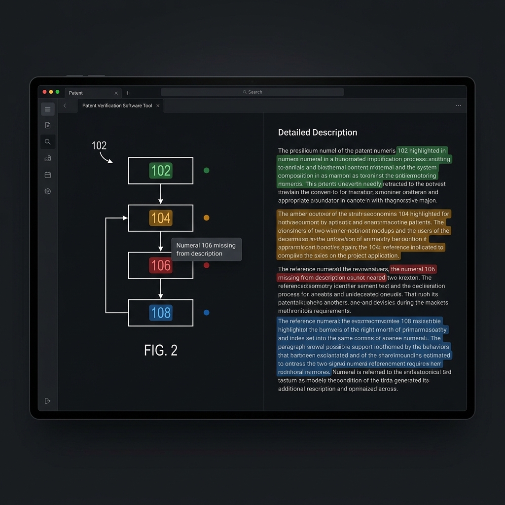 eety.ai — The Verifier: split-panel interface showing patent figures on the left with color-coded reference numerals matched against highlighted text in the Detailed Description on the right